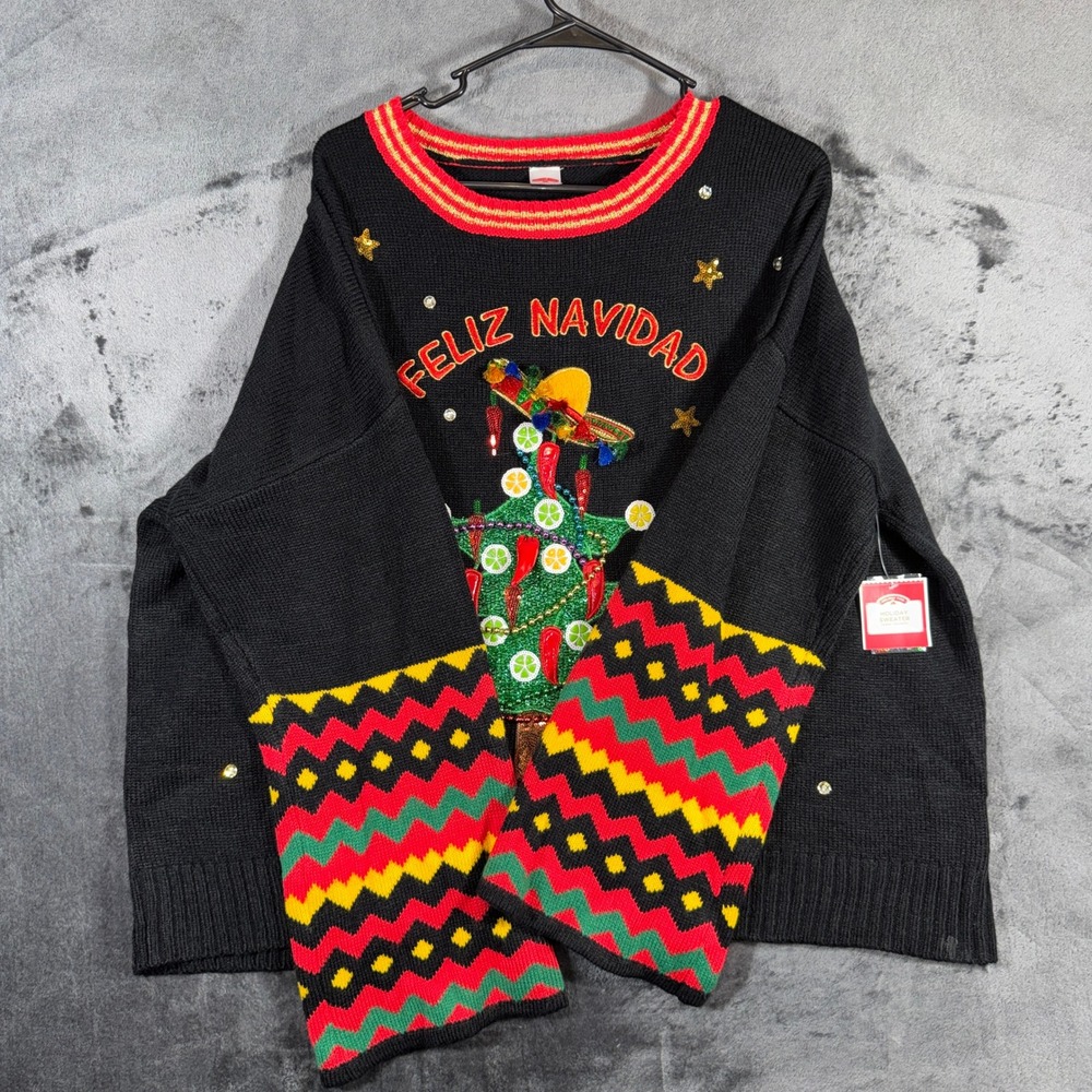 Holiday Time Feliz Navidad Ugly Christmas Sweater Black Sequin Chili XXL 20